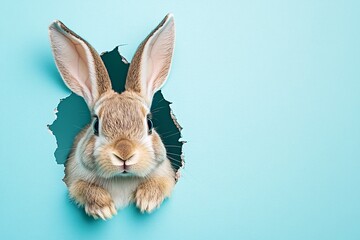 Obraz premium bunny peeking from the hole on pastel blue background