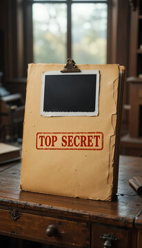Vintage top secret dossier with blank screen on wooden desk in a moody office setting