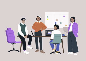 A group of colleagues gather in a contemporary office setting focused on teamwork and collaboration, sharing ideas while working on a project with a vibrant atmosphere