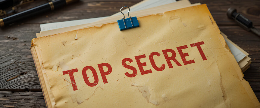 Vintage top secret file on rustic wooden desk with red stamp, black photo, and retro confidential aesthetic