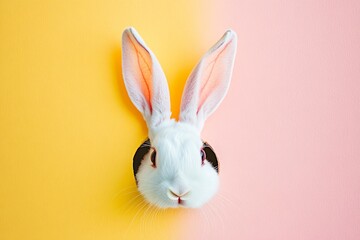 Obraz premium bunny peeking from the hole on yellow and pink background