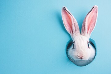 Obraz premium bunny peeking from the hole on pastel blue background