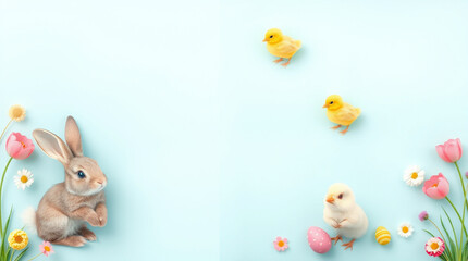 Adorable Easter bunny and chicks surrounded by pastel flowers and eggs. Perfect for spring greetings!