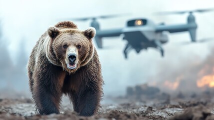 Obraz premium A brown bear traverses a haunting landscape of scorched earth, with a drone observing from above, representing resilience amidst destruction and the presence of technology in nature.