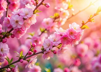 Pink Cherry Blossom Bush in Full Bloom, Springtime Nature Background
