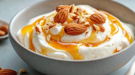 Yogurt swirl close-up with honey drizzle and almond toppings for a health-conscious audience