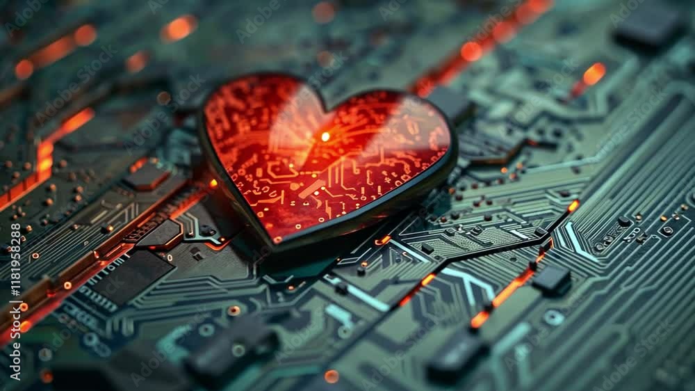 Poster a vibrant red heart symbolizing love and emotion is prominently placed on a detailed circuit board.
