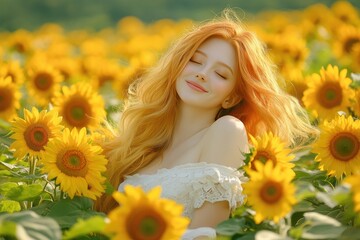 Naklejka premium Young woman enjoying a sunny day in a sunflower field