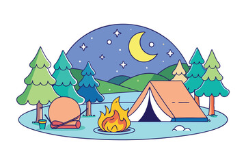 Camping on serene night scene, glowing campfire under a starry sky vector art illustration.eps