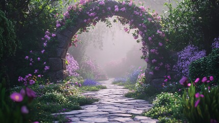 Fototapeta premium Enchanting Garden Archway Covered with Vibrant Roses and Illuminated by Warm Sunrise Light, Creating a Magical and Serene Pathway into a Dreamlike Natural Wonderland