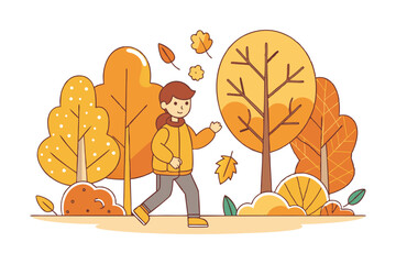 A young boy wearing a brown jacket kicking leaves vector art illustration.eps