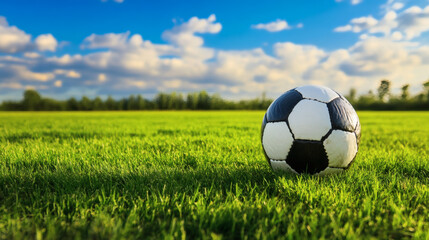 A classic black and white soccer ball on a lush green field, ready for the game football