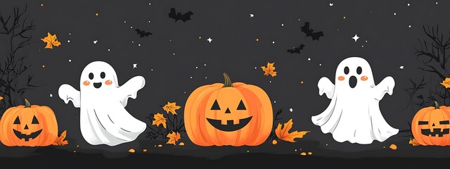 Cute ghosts and pumpkins Halloween banner.