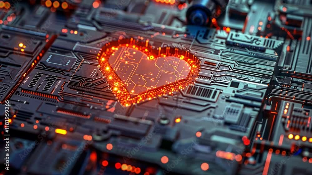 Poster A striking portrayal of a heart shape made from luminous circuitry elements embedded within a complex electronic design. This artwork blends emotions with technology, emphasizing creativity.