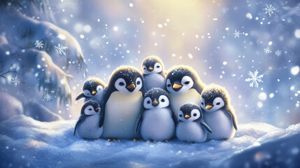 Fototapeta premium charming group of penguins huddling together in snowy landscape, radiating warmth and joy amidst frosty environment. Their playful expressions create delightful winter scene