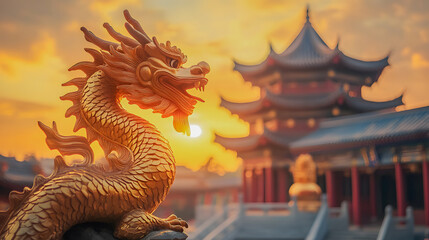 Fototapeta premium Majestic Dragon Sculpture at Sunset Over a Temple