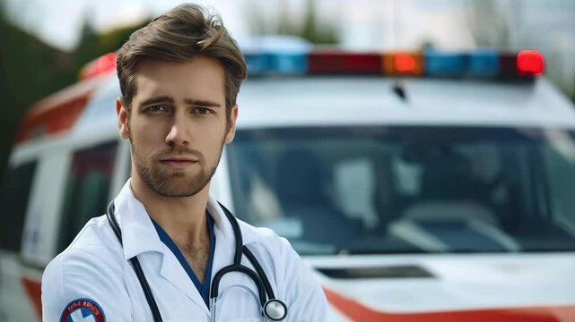 handsome doctor and ambulance car on the background