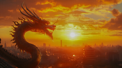 Majestic Dragon Against Sunset in Urban Landscape