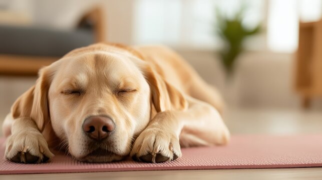 A golden Labrador sleeping soundly on a yoga mat, embodying tranquility and relaxation within a bright, airy room that reflects a peaceful domestic lifestyle.