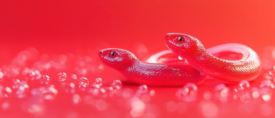 Obraz premium High-fidelity imagery of two small snakes on a bright red studio setting