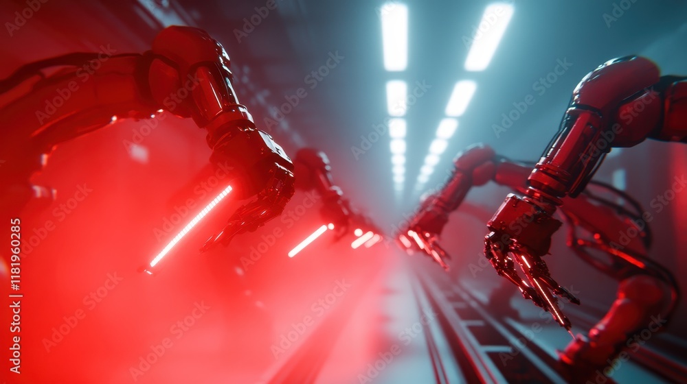 Aufkleber a captivating scene featuring robotic arms with red glow focused on precise tasks, showcasing the in
