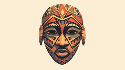 Tribal African Mask Illustration in Bold Earthy Tones - Stylized Ethnic Artwork with Cultural Symbolism