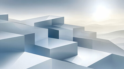 Fototapeta premium Abstract 3D geometric landscape, light blue cubes, soft light, minimalist design, serene atmosphere, digital art.