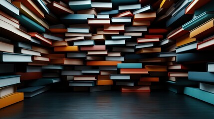 An artistic display of stacked colorful books against a wall, showcasing a blend of literary diversity and vibrant design with a sense of creativity and intellectual curiosity.