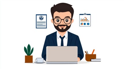 Young Professional Working on Laptop with Business Charts and Plants