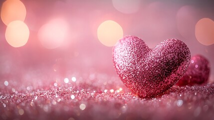 Fototapeta premium Sparkling Glitter Heart on Shimmering Pink Background for Romance