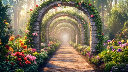 Charming Sunlit Garden Arches Covered in Blooming Flowers and Lush Greenery, Illuminated by Soft Morning Light, Creating a Serene and Enchanting Atmosphere in Nature's Beauty