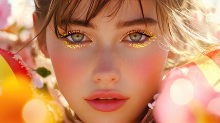 Fototapeta premium Close-up of a model with glittery makeup in a floral setting