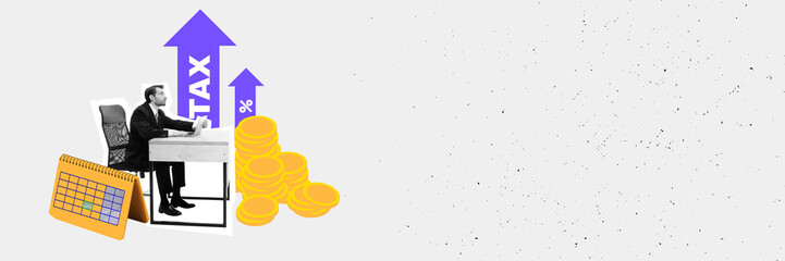 Banner. Modern graphic art design. Man sitting at desk with calendar, and coins with tax arrows...