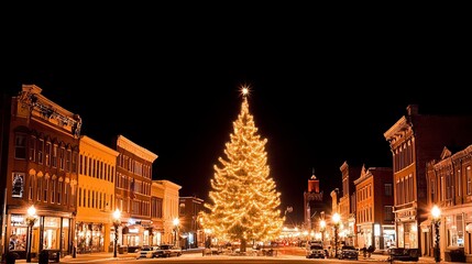 Obraz premium Festive Night Scene Illuminated Town Square Christmas Tree