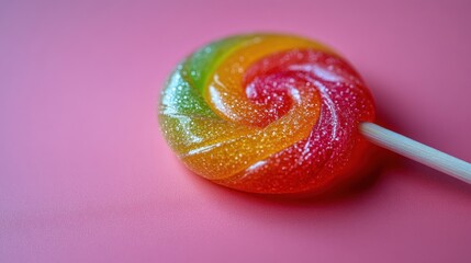 Colorful swirl lollipop on pink background.