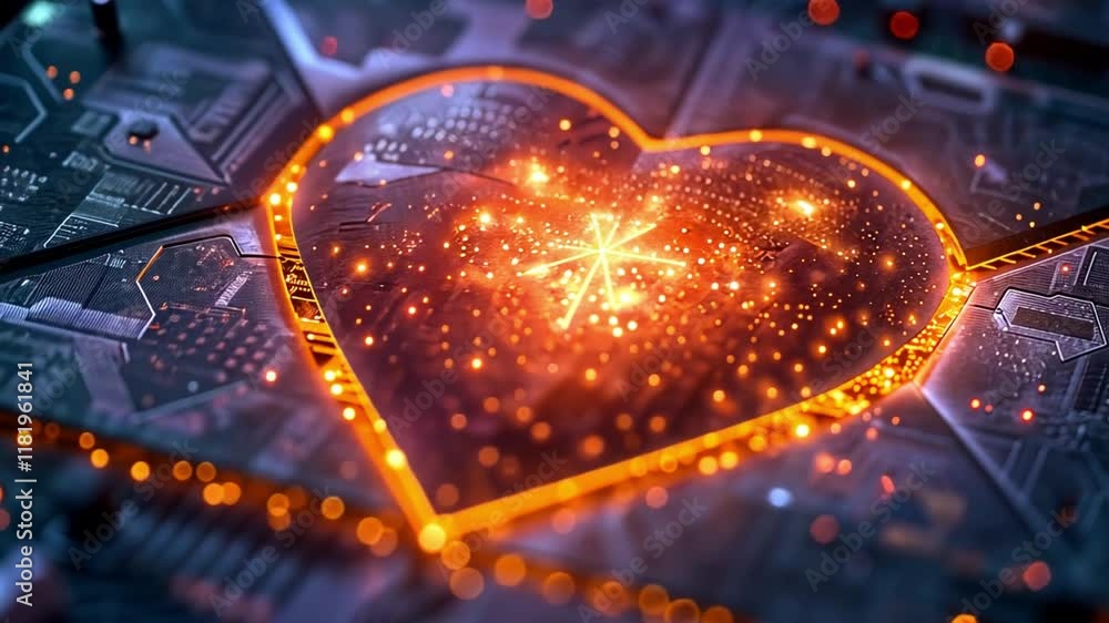 Poster A striking display of a glowing heart formed by intricate circuitry elements, illuminated with vibrant orange particles. The fusion of technology and emotion captures a unique perspective on love.