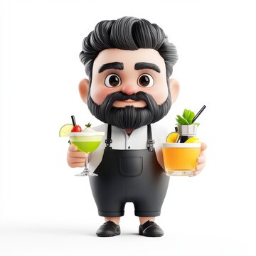 Cheerful cartoon character holding two colorful cocktails in hands