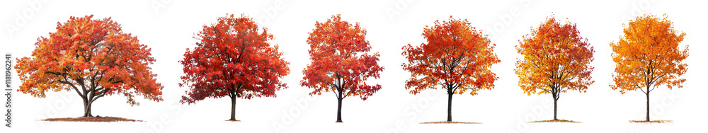 Poster png vibrant autumn trees in sequence, isolated element set, transparent background