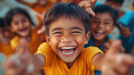 Fototapeta premium A joyful boy is laughing while reaching out with open arms, surrounded by happy friends at play, representing pure childhood happiness and carefree moments in a vibrant outdoor setting.
