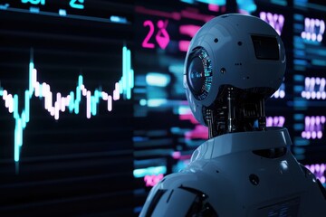 Robot analyzing financial data on digital screen during nighttime