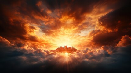 Obraz premium This captivating artwork depicts a fiery sunset surrounded by dramatic clouds, casting an ethereal glow and inviting viewers to immerse themselves in the beauty of nature.