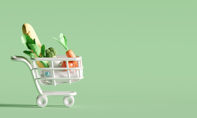 Shopping cart with foods on green background. Supermarket shopping concept. 3d rendering