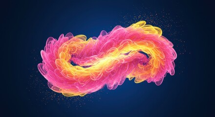 Infinity Loop of Vibrant Hues: An abstract image depicting a luminous infinity symbol formed by swirling, vibrant pink and yellow energy, set against a deep blue backdrop.