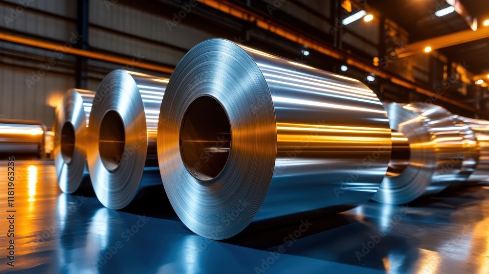 Aufkleber a dynamic industrial setting featuring large rolls of shiny metal sheets captures the essence of mod