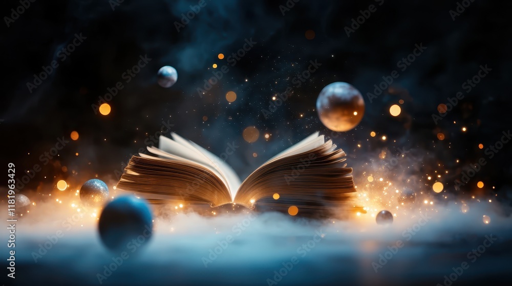 Poster an open book surrounded by luminous orbs in a cosmic backdrop, representing the infinite potential o