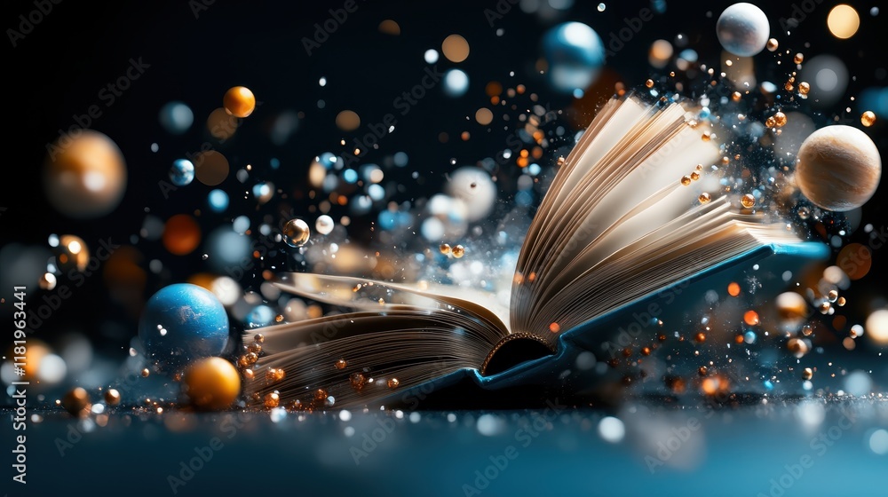 Poster a mesmerizing floating book set against a cosmic background filled with luminous spheres, symbolizin