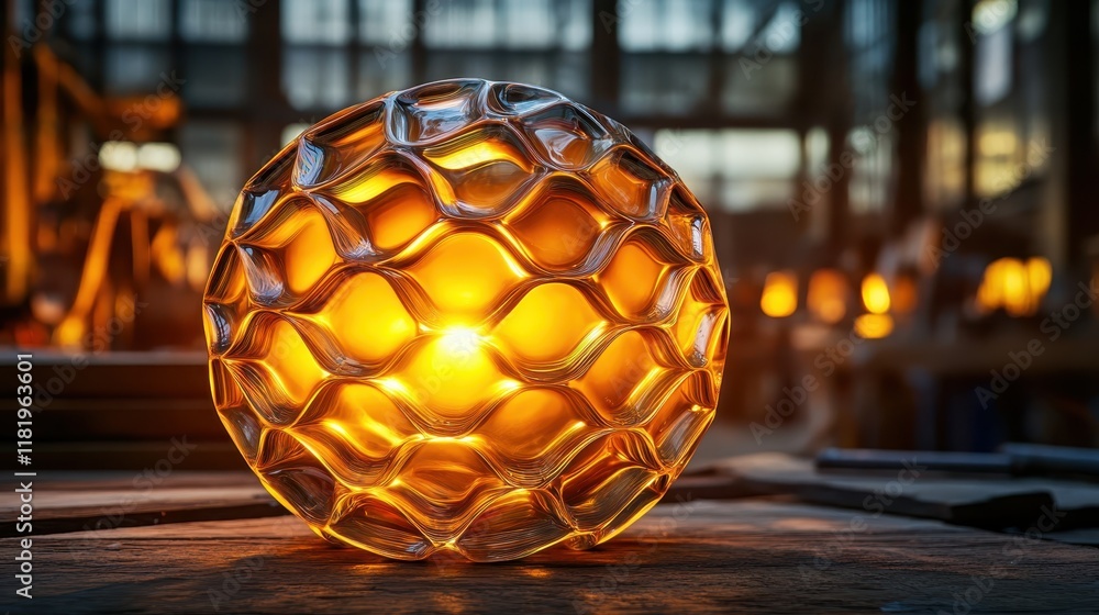 Poster a mesmerizing glass sphere featuring a honeycomb pattern, beautifully illuminated from within, creat
