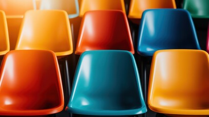 Obraz premium A crowd of stylish chairs in a mix of bold colors and shapes, arranged artistically to create an engaging visual experience in a contemporary setting.