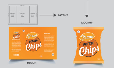 potato chips packaging template design, vector illustrations with mockup, crispy ripple potato chips,