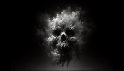 A skull-shaped cloud of smoke against a dark background, creating a haunting and eerie visual effect.
